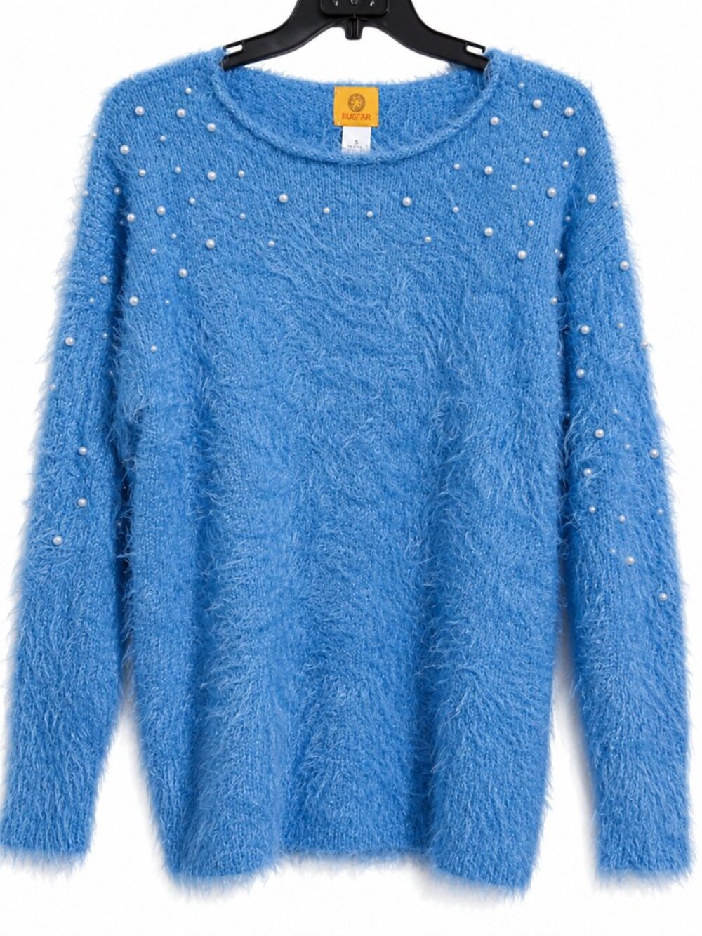 Small Blue Fuzzy Pearl Beaded Sweater Women's Long Sleeve Soft Cozy Pullover top